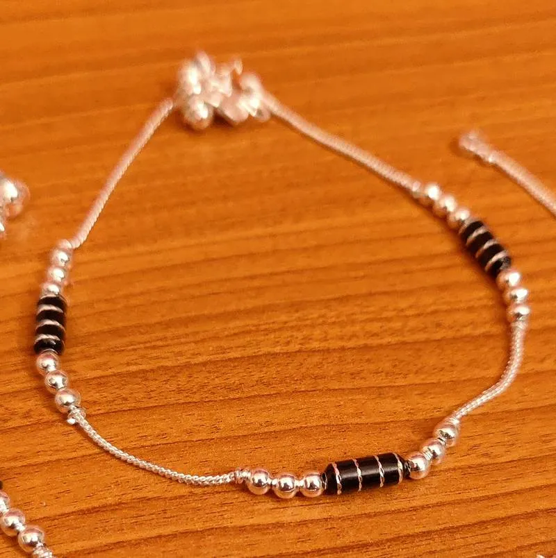 BLACK MEENAKARI SILVER PLATED ANKLETS