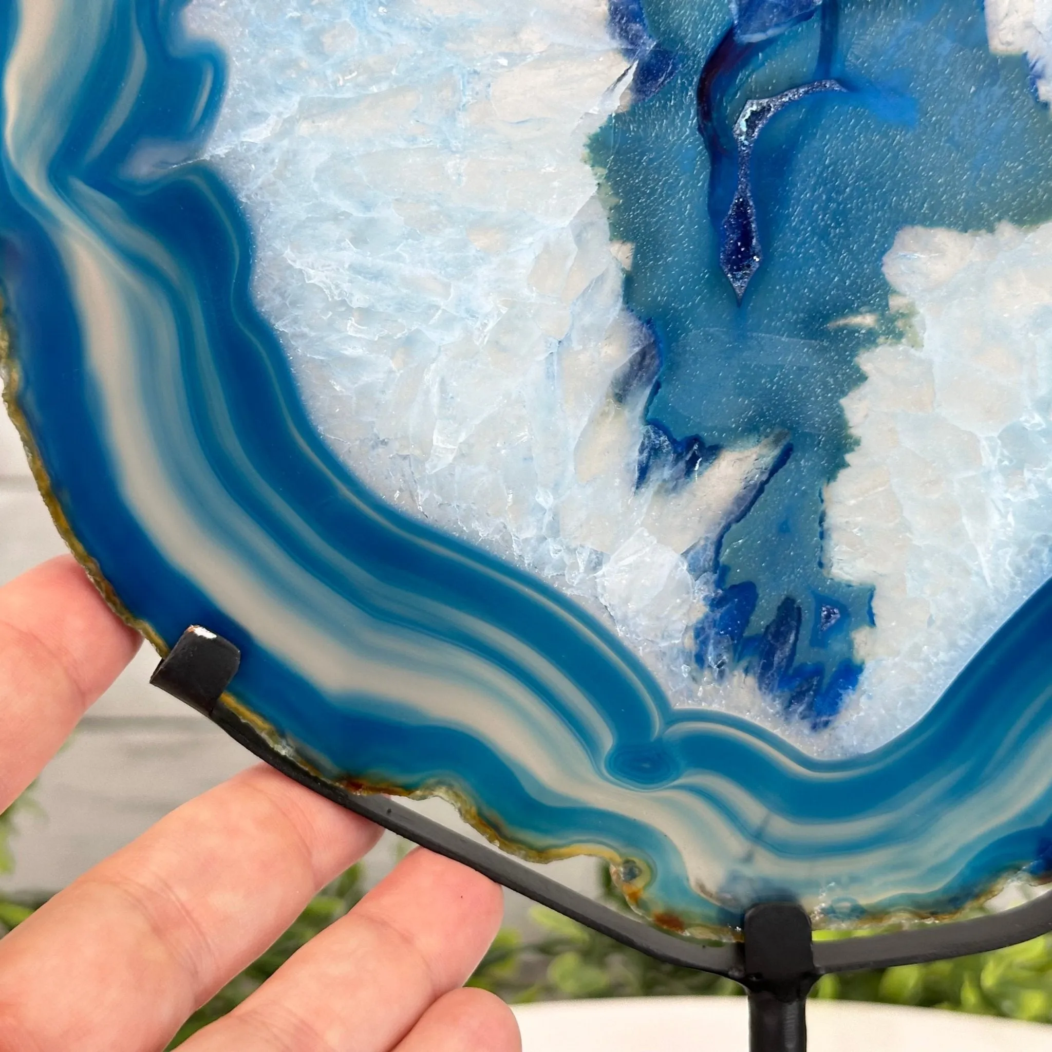 Blue Agate Slice on a Metal Stand, 11.7" Tall #5055-0121