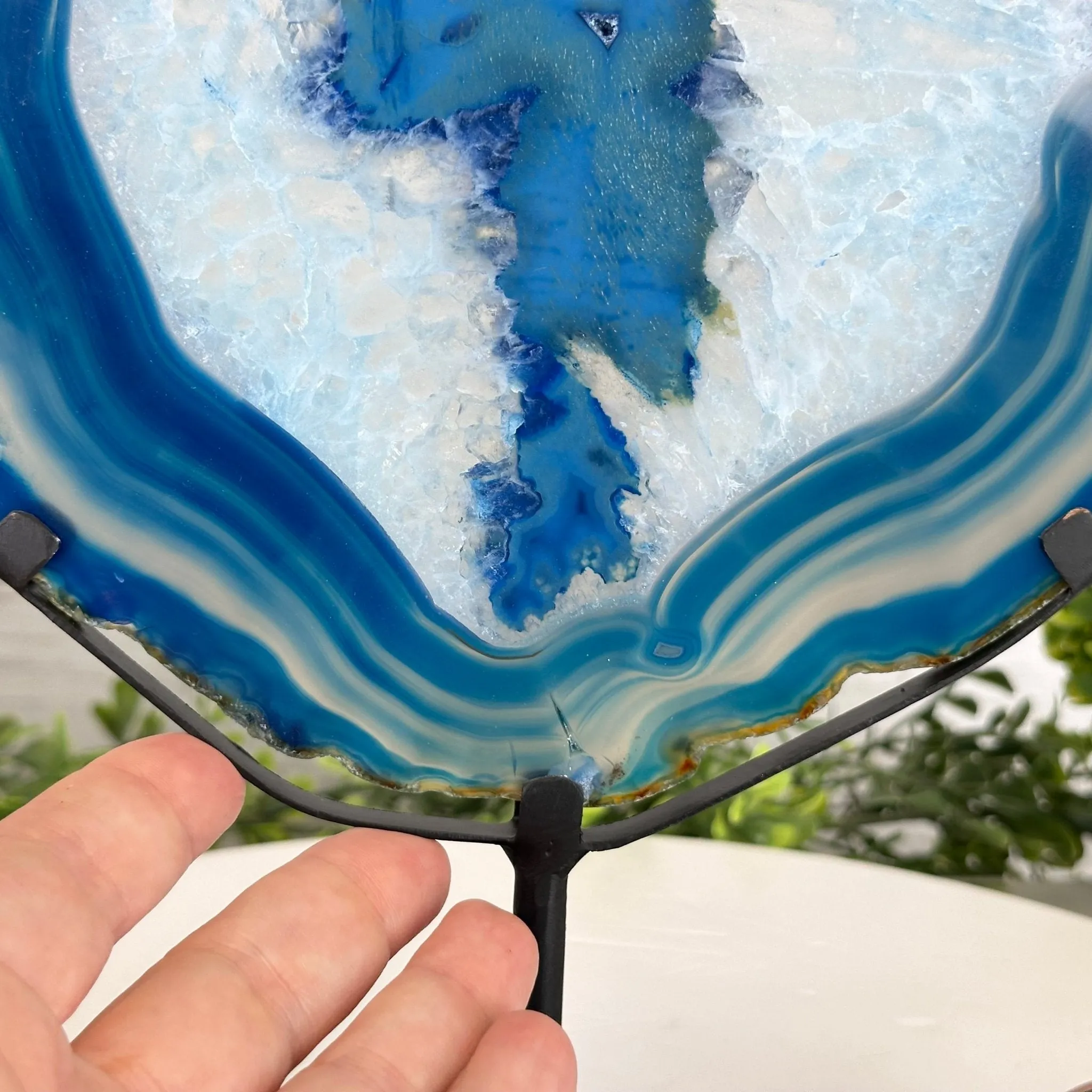 Blue Agate Slice on a Metal Stand, 11.7" Tall #5055-0121