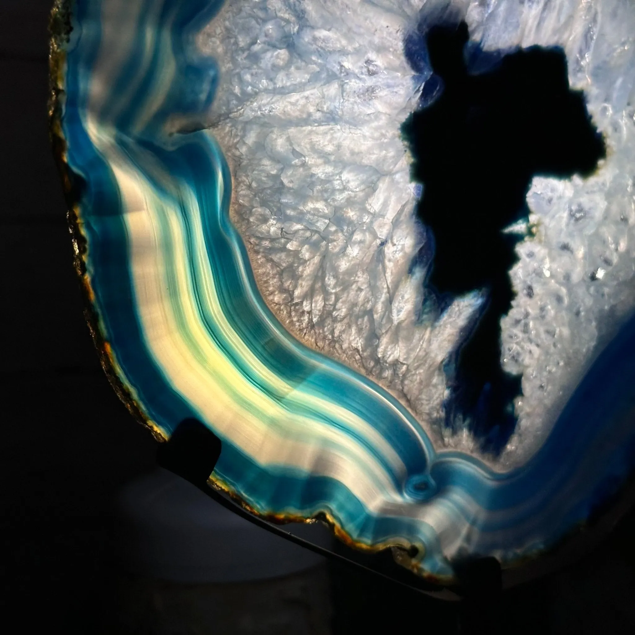 Blue Agate Slice on a Metal Stand, 11.7" Tall #5055-0121