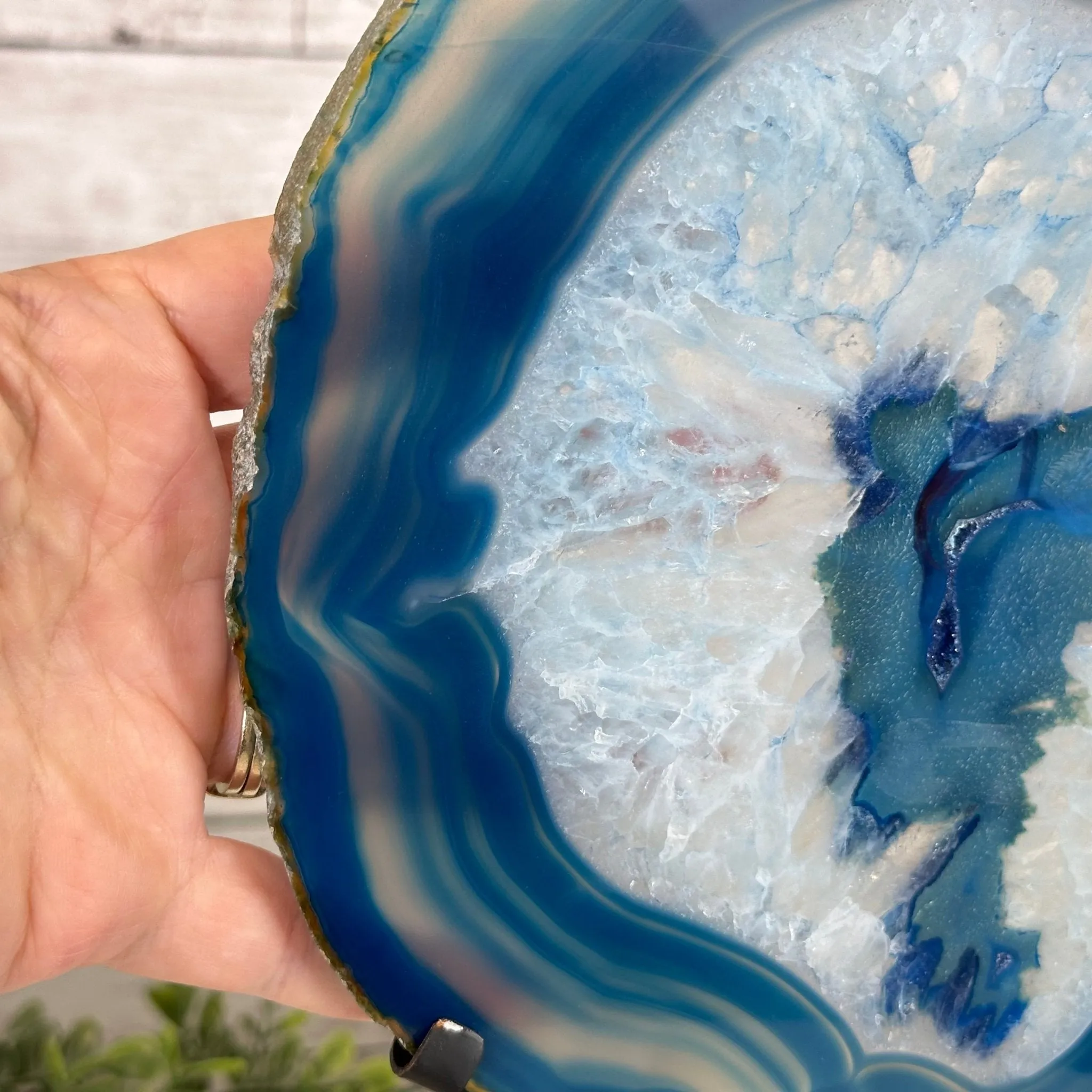 Blue Agate Slice on a Metal Stand, 11.7" Tall #5055-0121