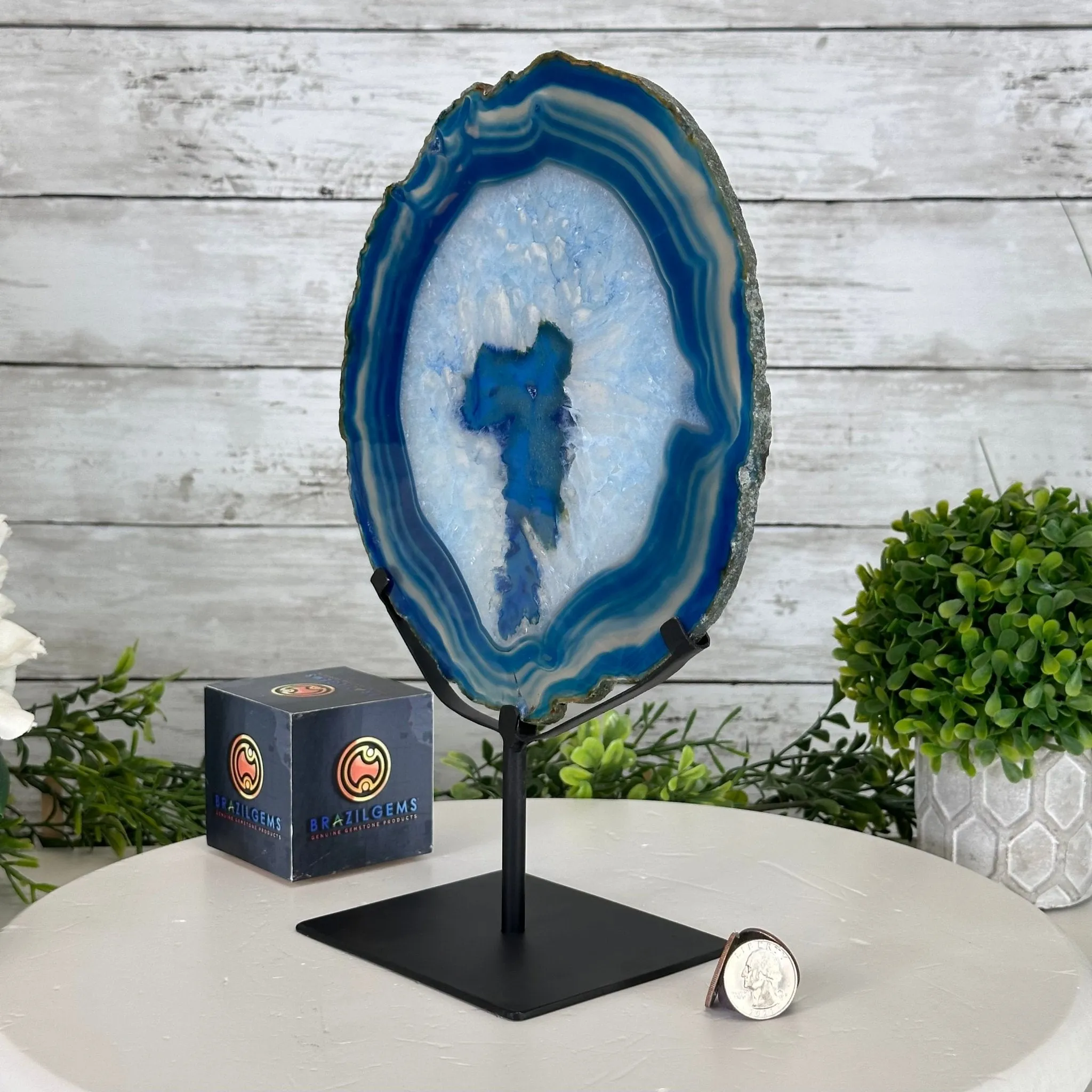 Blue Agate Slice on a Metal Stand, 11.7" Tall #5055-0121