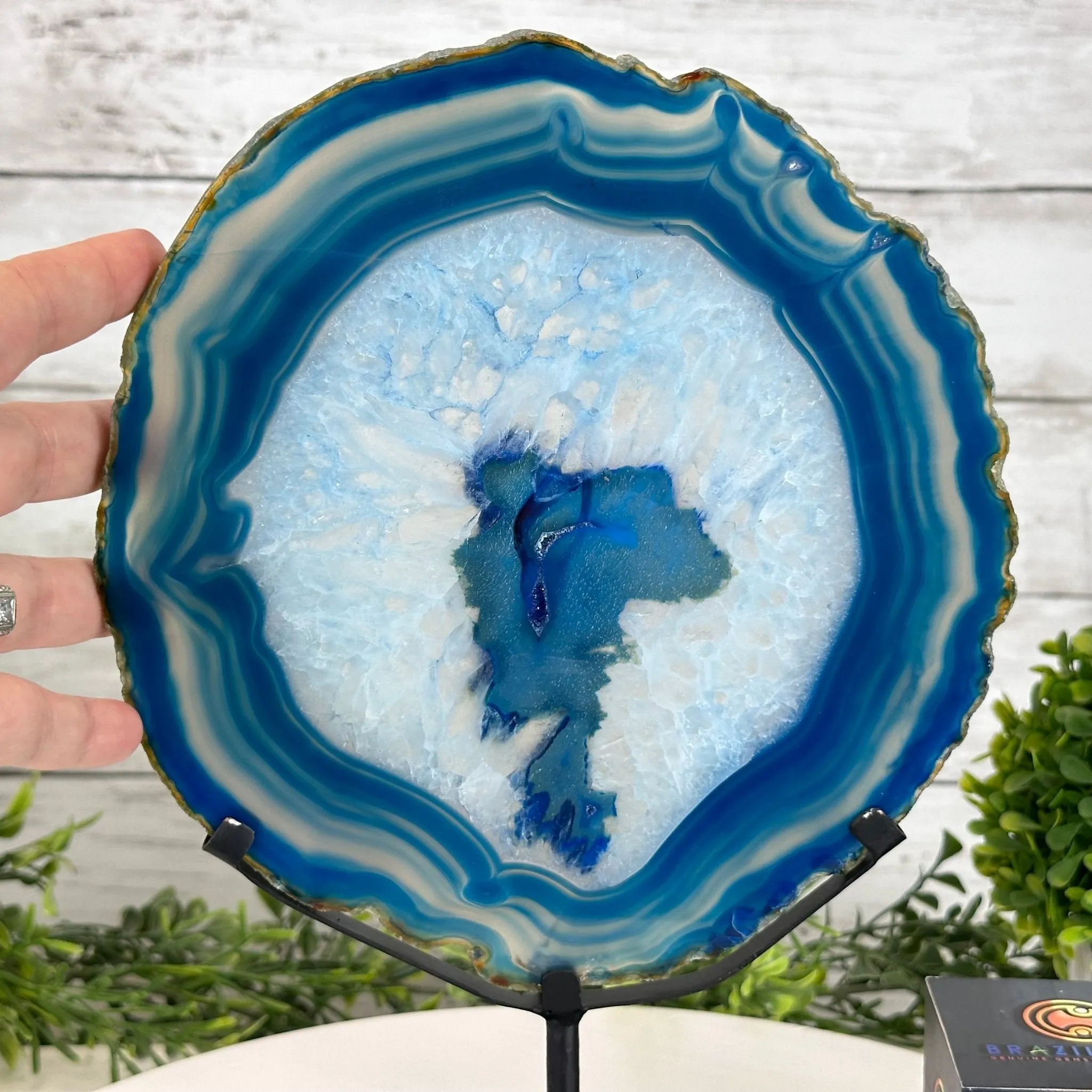 Blue Agate Slice on a Metal Stand, 11.7" Tall #5055-0121