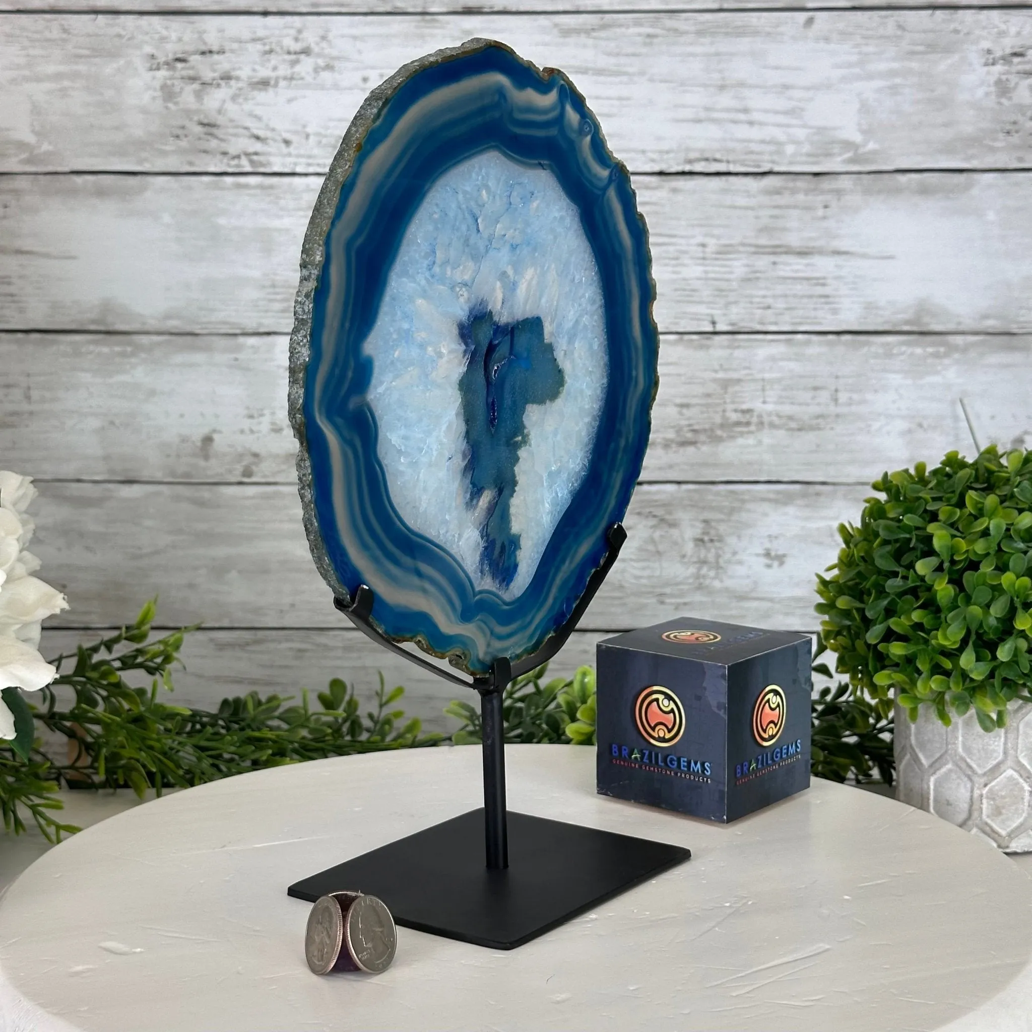 Blue Agate Slice on a Metal Stand, 11.7" Tall #5055-0121