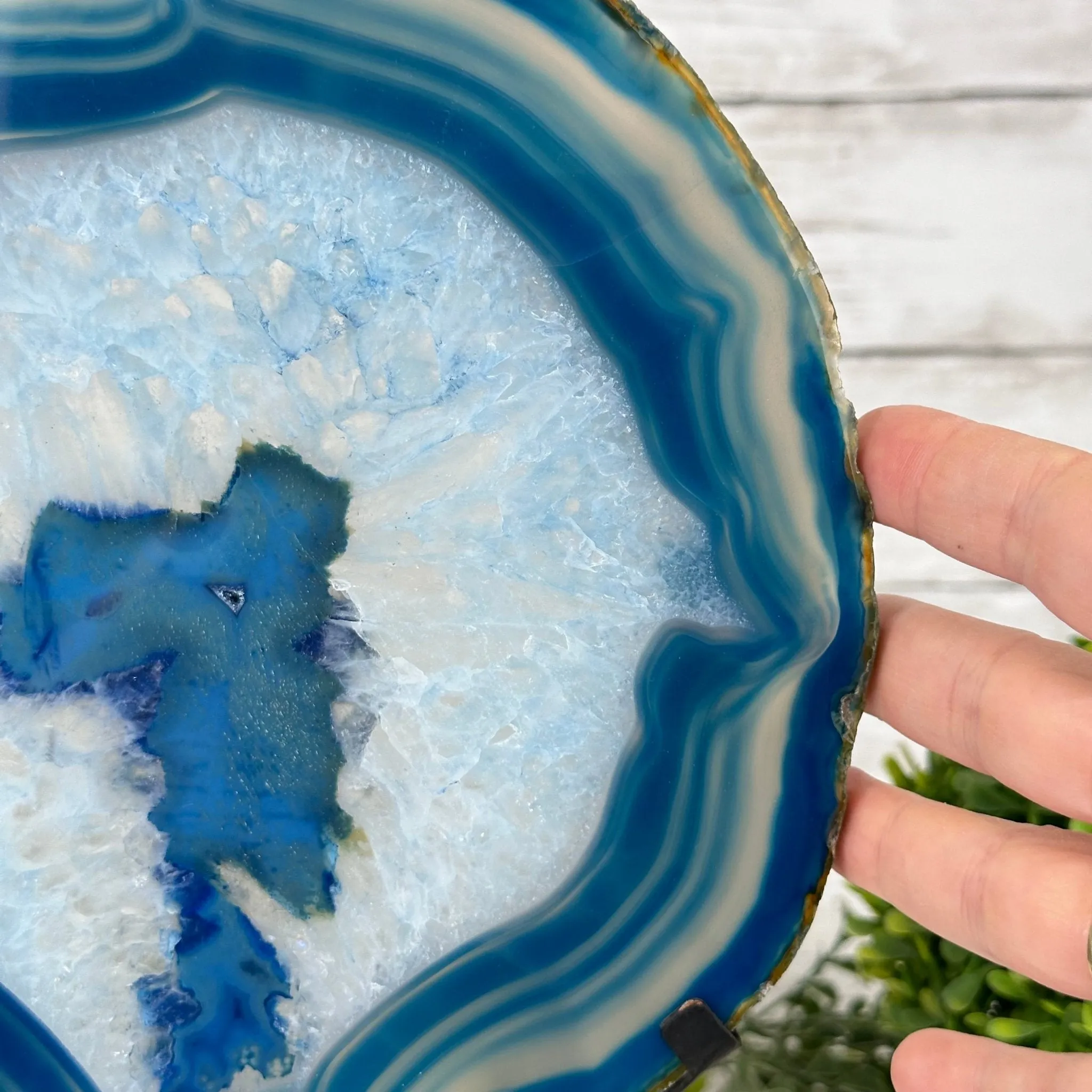 Blue Agate Slice on a Metal Stand, 11.7" Tall #5055-0121