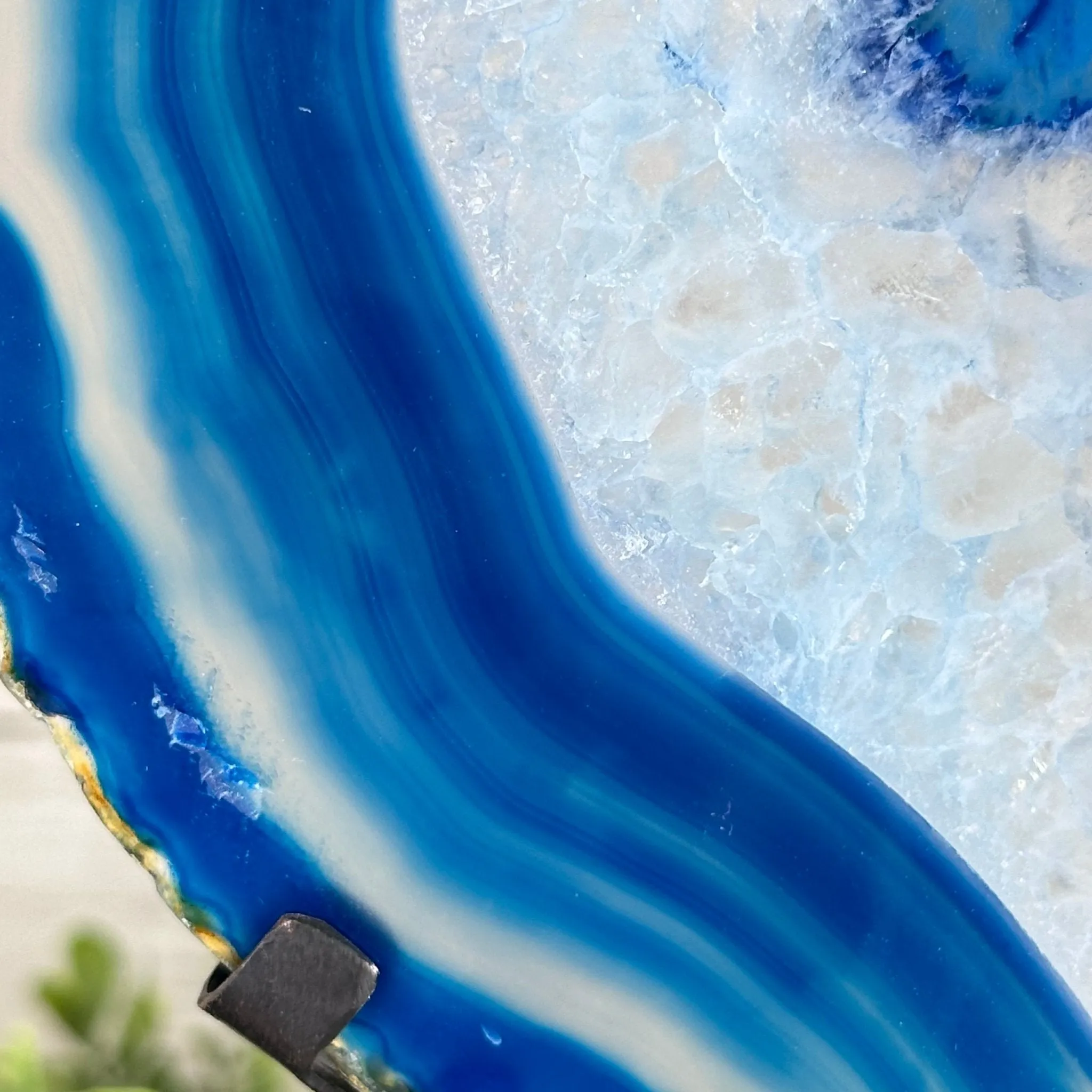 Blue Agate Slice on a Metal Stand, 11.7" Tall #5055-0121