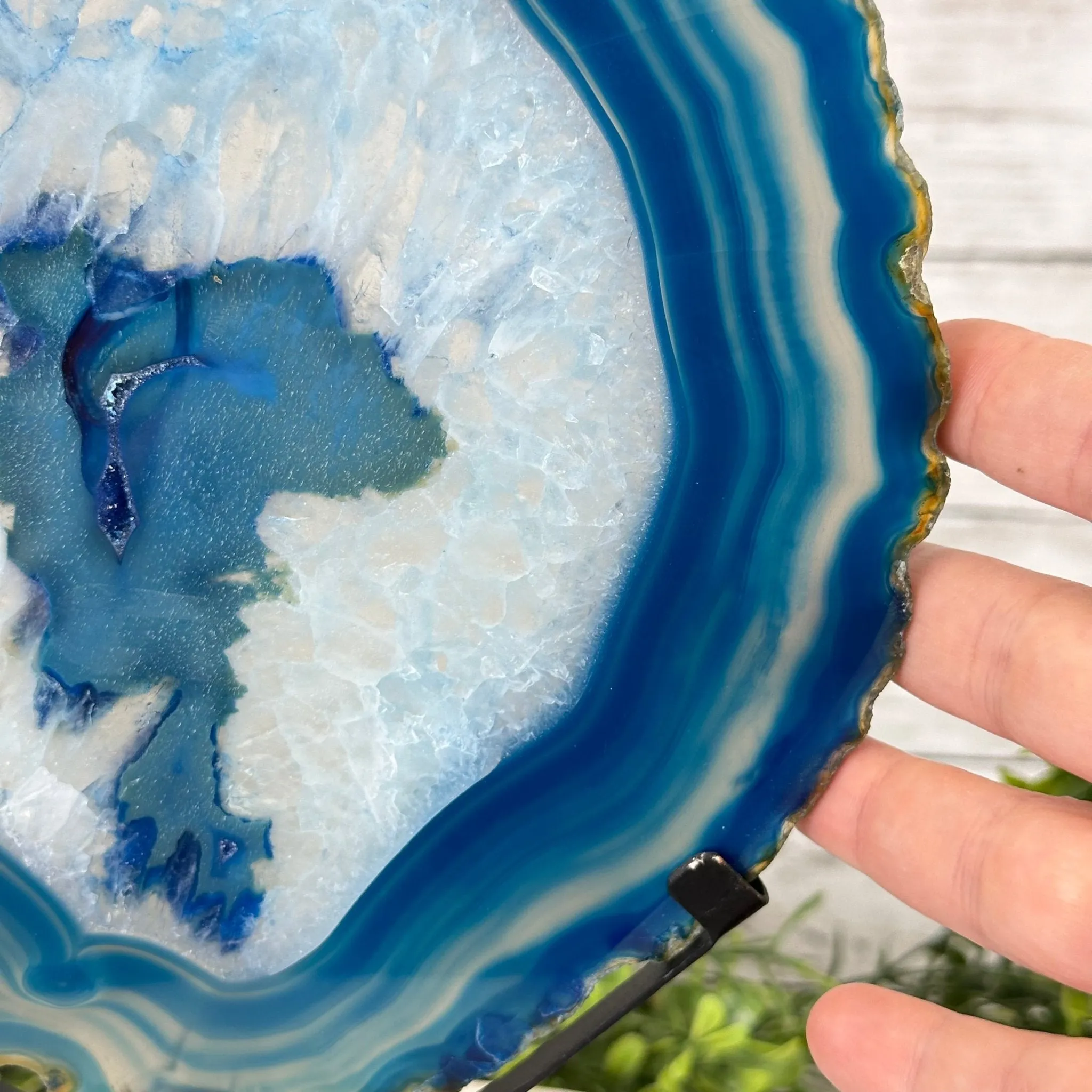 Blue Agate Slice on a Metal Stand, 11.7" Tall #5055-0121