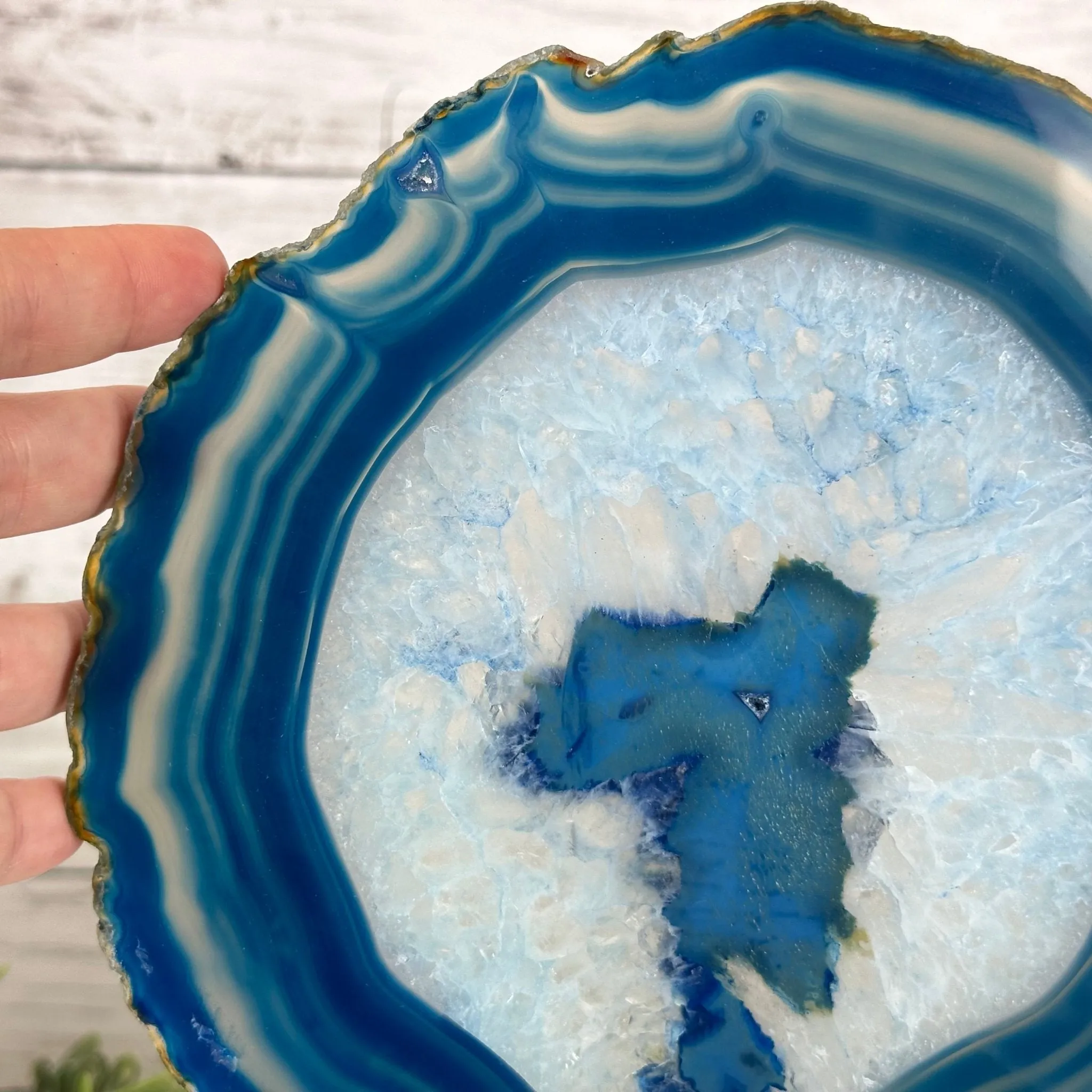 Blue Agate Slice on a Metal Stand, 11.7" Tall #5055-0121