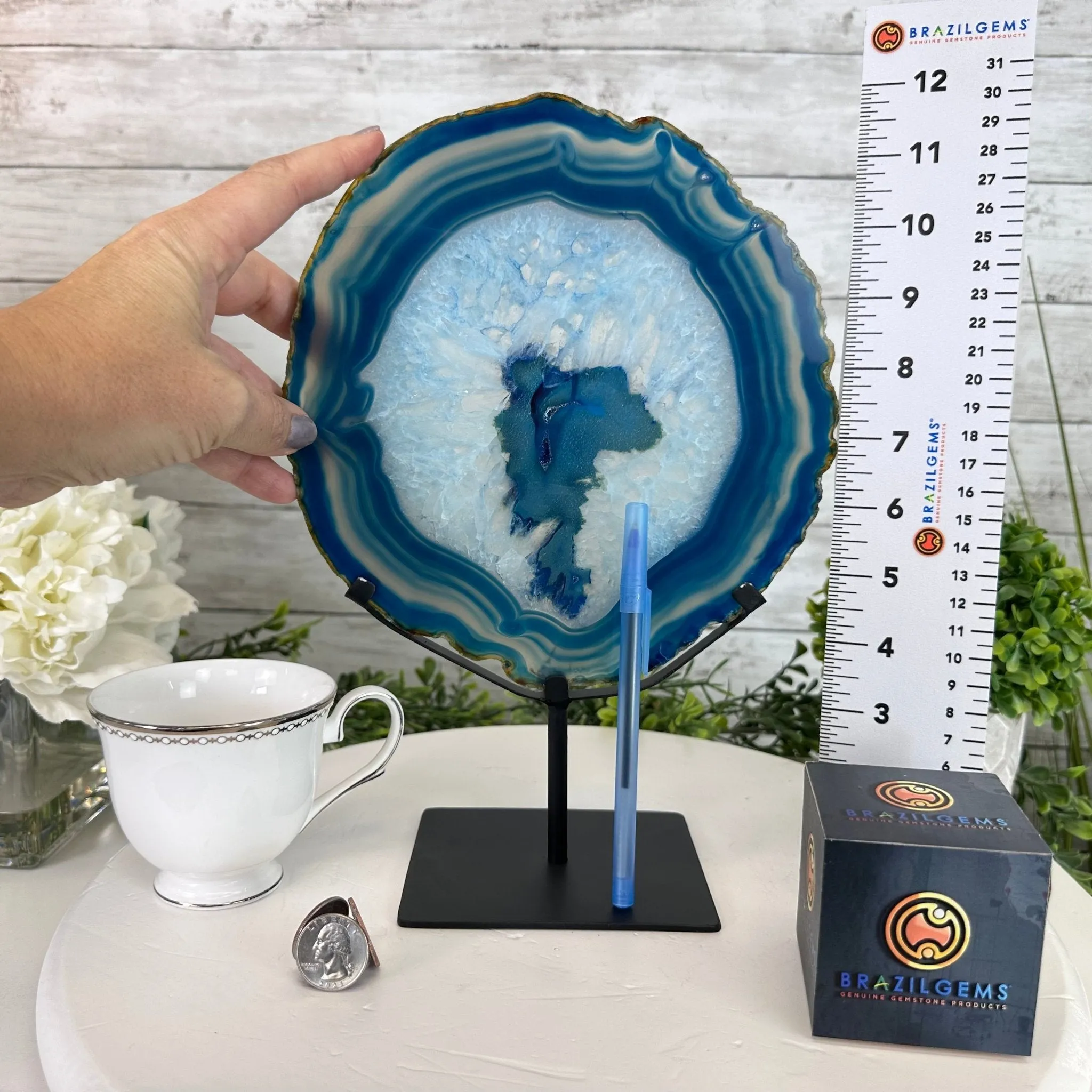 Blue Agate Slice on a Metal Stand, 11.7" Tall #5055-0121