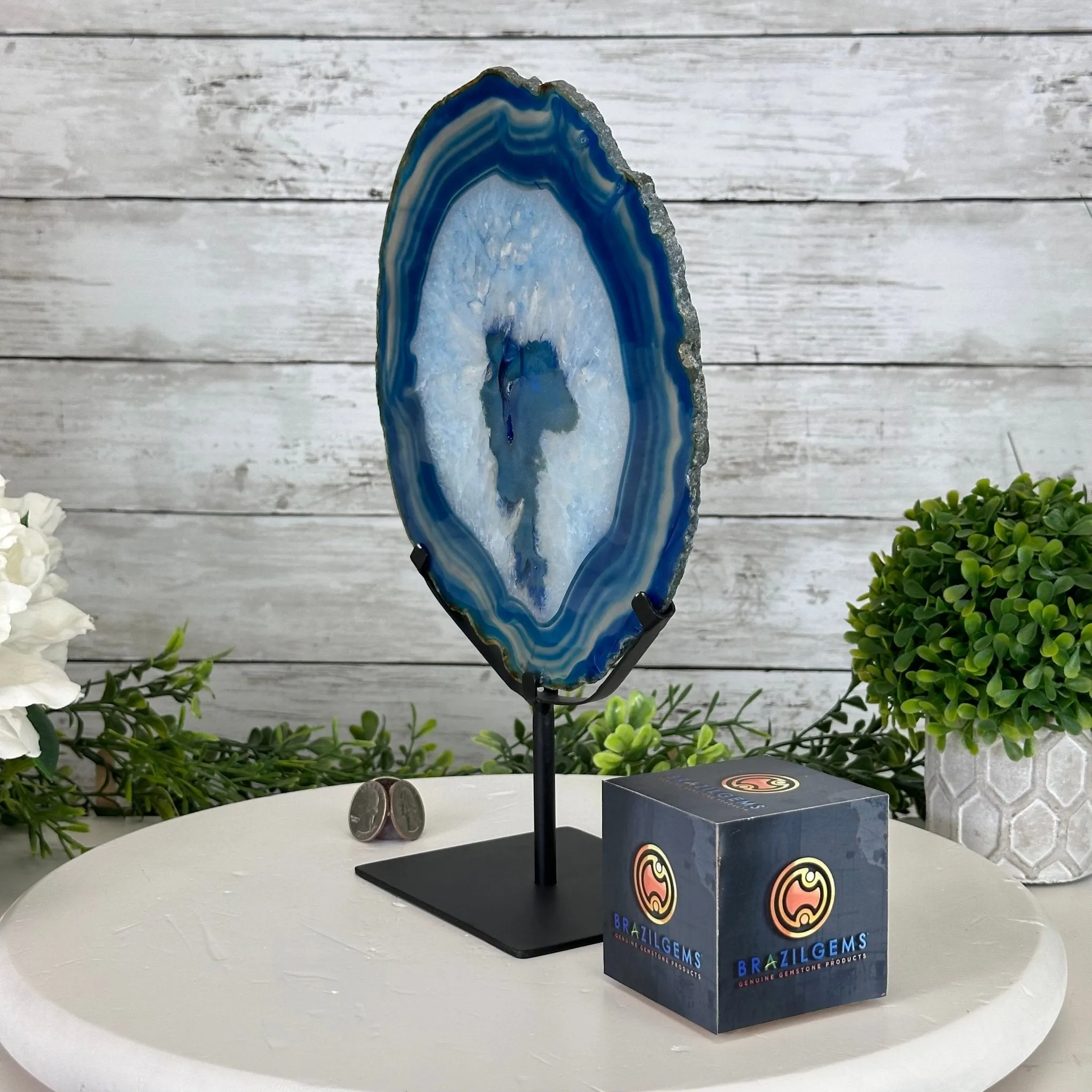 Blue Agate Slice on a Metal Stand, 11.7" Tall #5055-0121