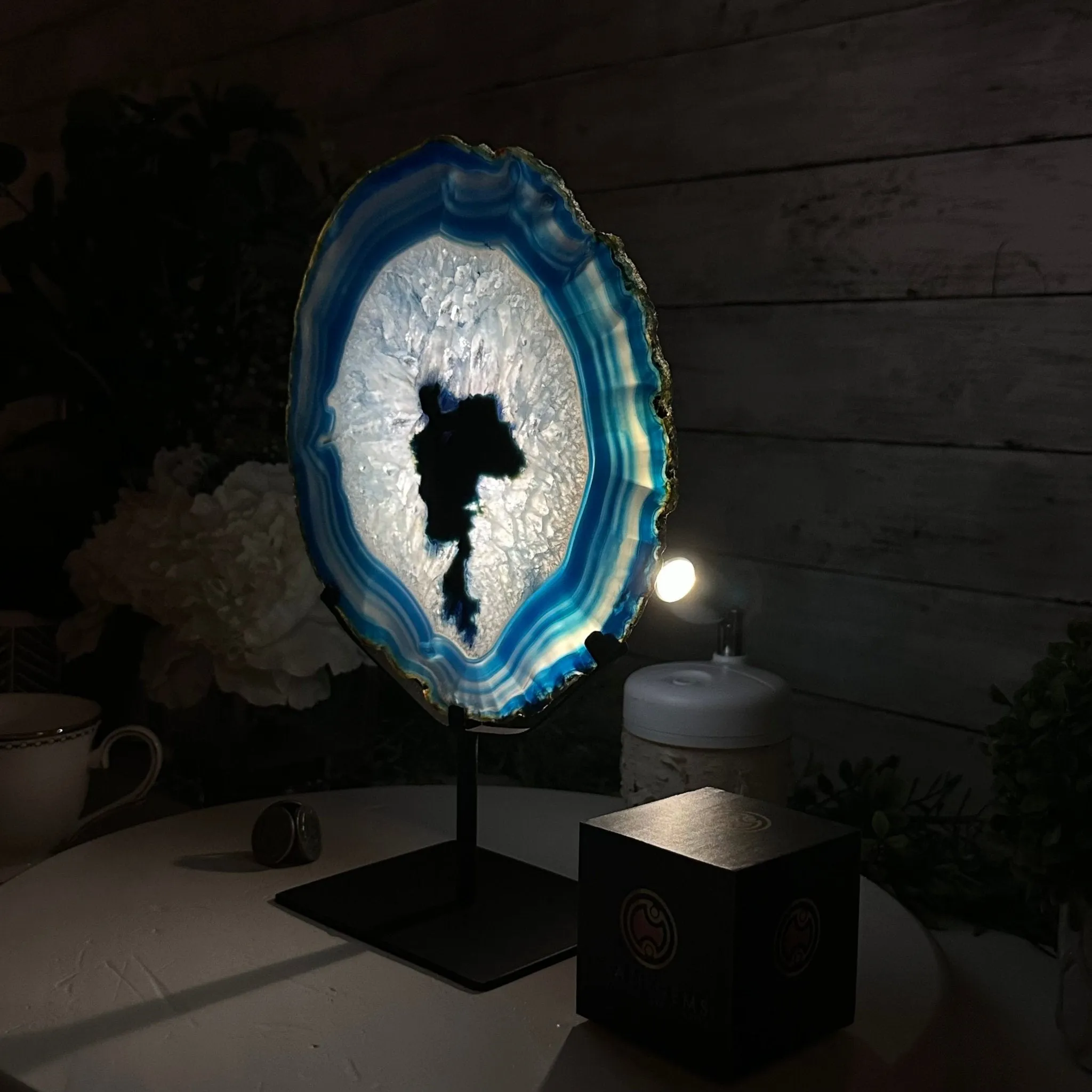 Blue Agate Slice on a Metal Stand, 11.7" Tall #5055-0121