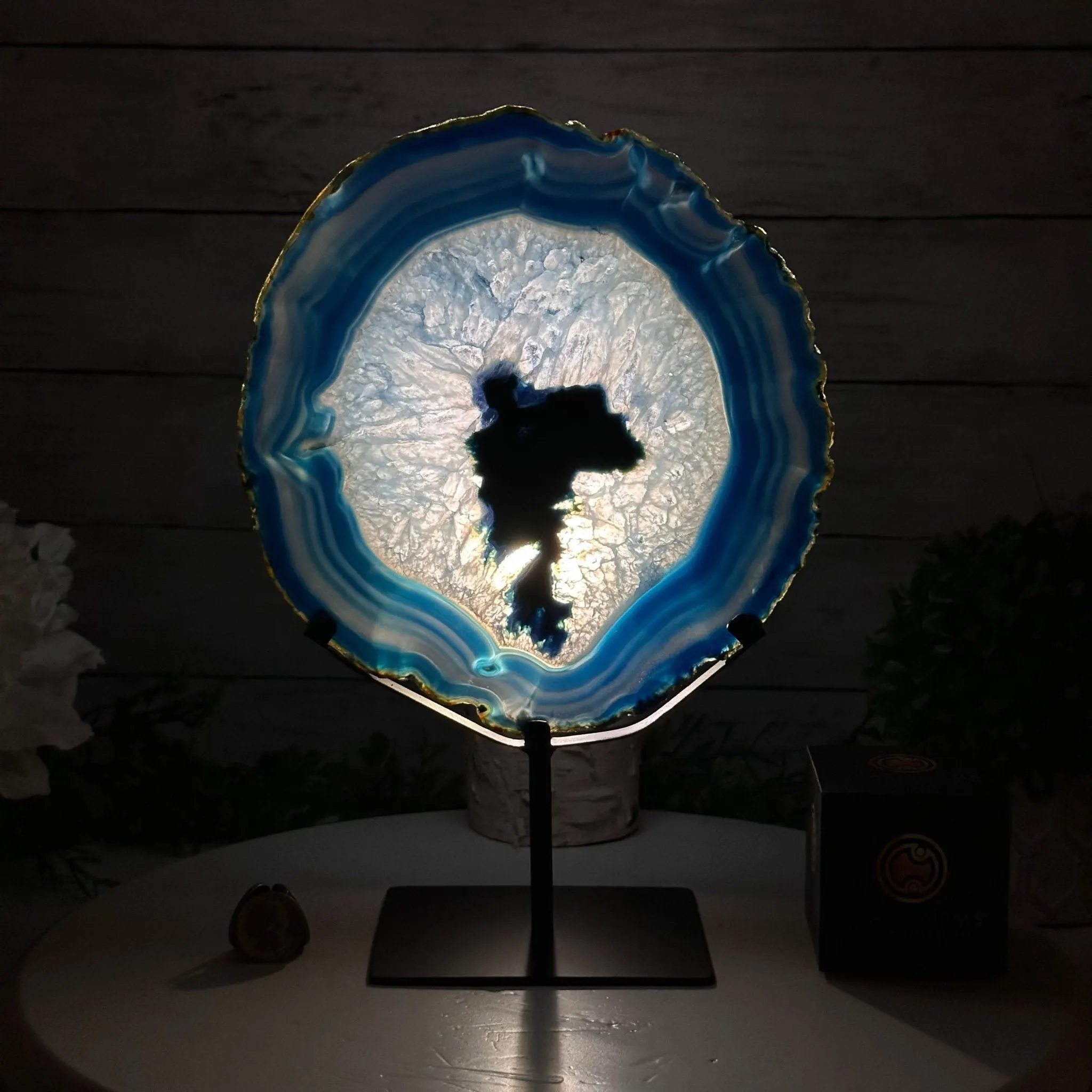 Blue Agate Slice on a Metal Stand, 11.7" Tall #5055-0121