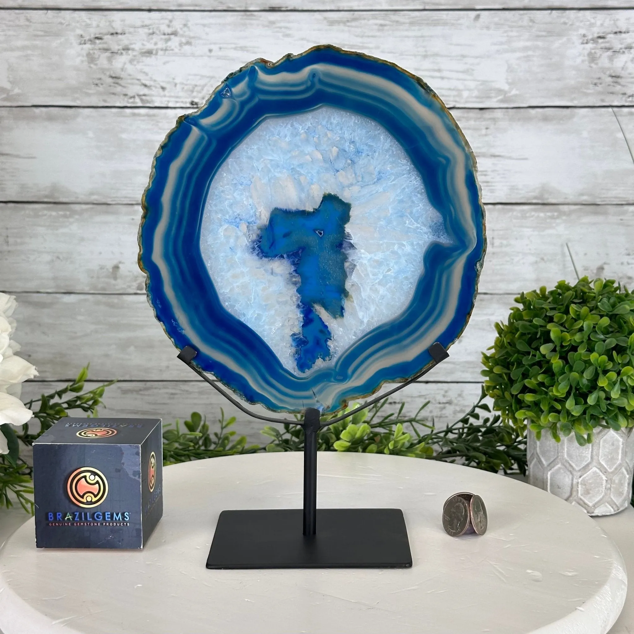 Blue Agate Slice on a Metal Stand, 11.7" Tall #5055-0121
