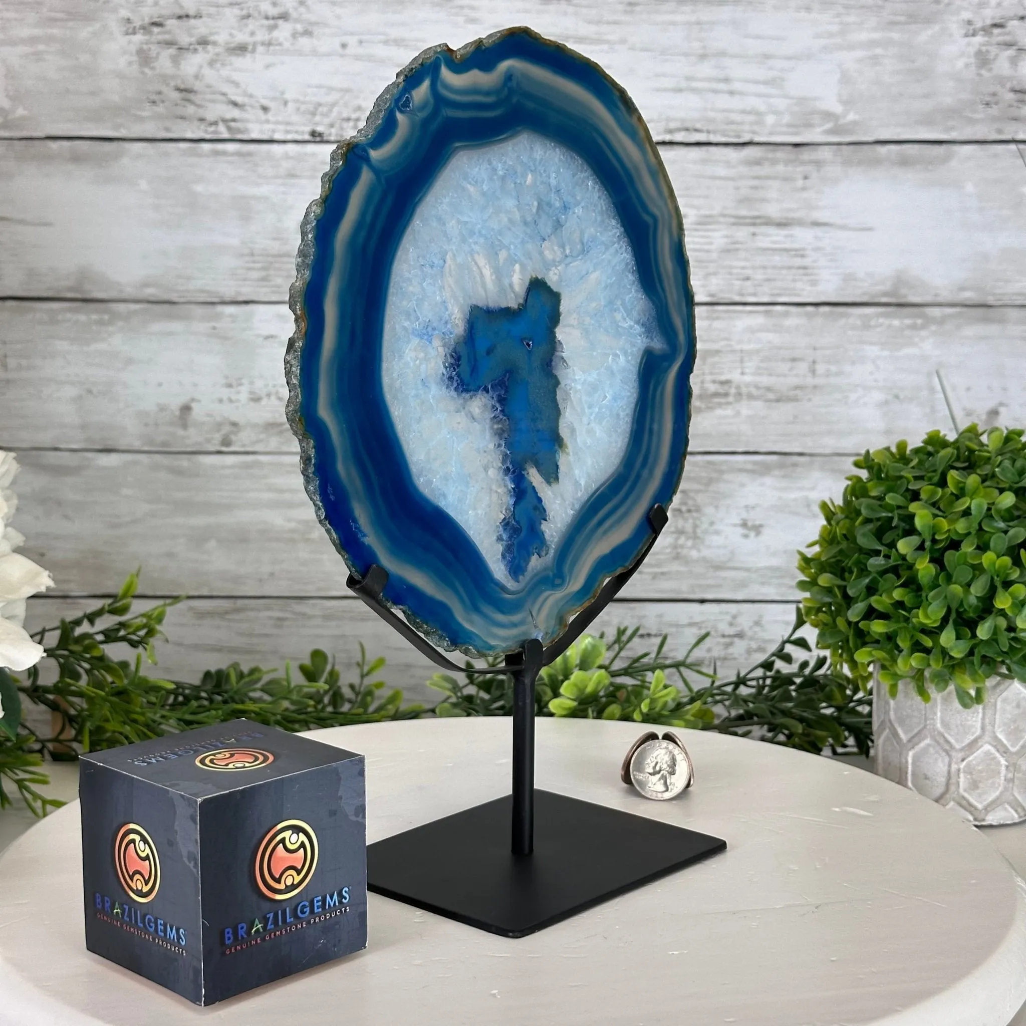 Blue Agate Slice on a Metal Stand, 11.7" Tall #5055-0121