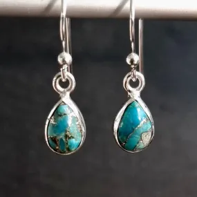 Blue Copper Turquoise Teardrop 9mm x 6mm 925 Silver Earrings, E5BCT