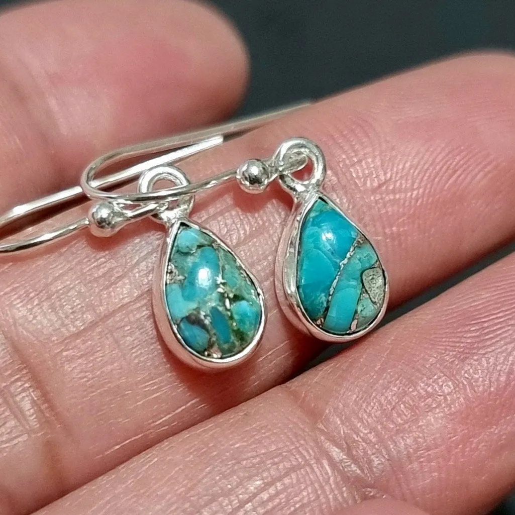 Blue Copper Turquoise Teardrop 9mm x 6mm 925 Silver Earrings, E5BCT