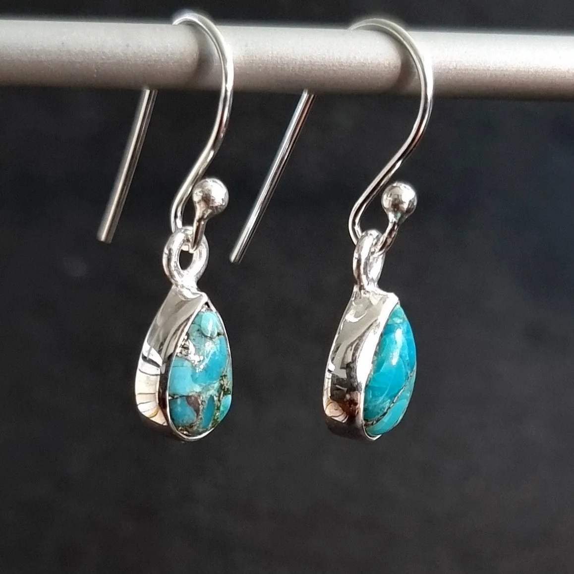 Blue Copper Turquoise Teardrop 9mm x 6mm 925 Silver Earrings, E5BCT