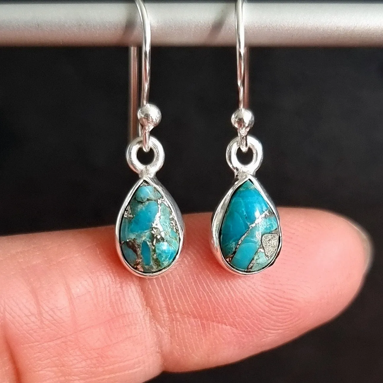 Blue Copper Turquoise Teardrop 9mm x 6mm 925 Silver Earrings, E5BCT
