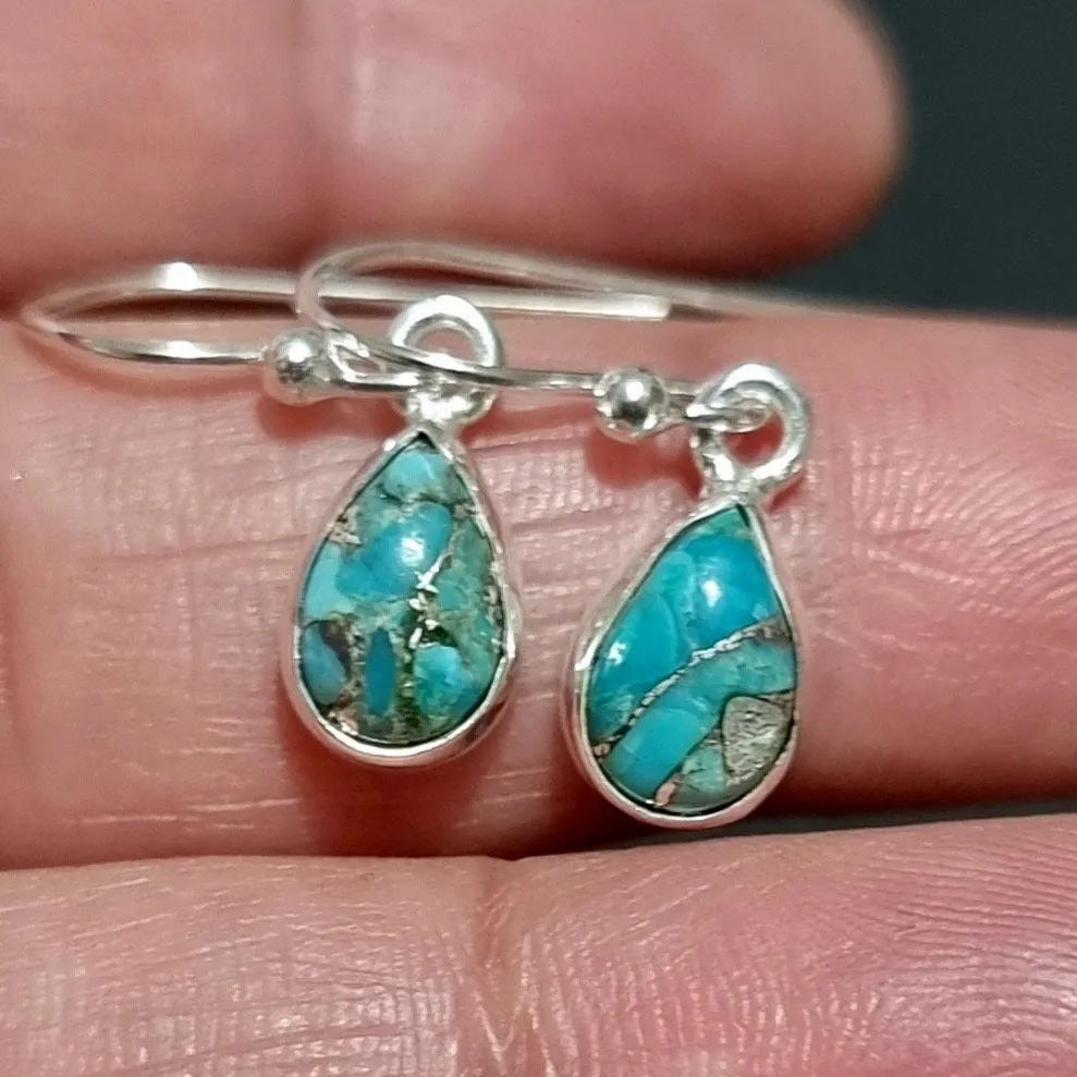 Blue Copper Turquoise Teardrop 9mm x 6mm 925 Silver Earrings, E5BCT