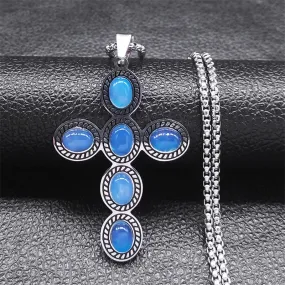 Bohemian Cross Pendant Necklace Stainless Steel Natural Stone Simple Chain Necklaces