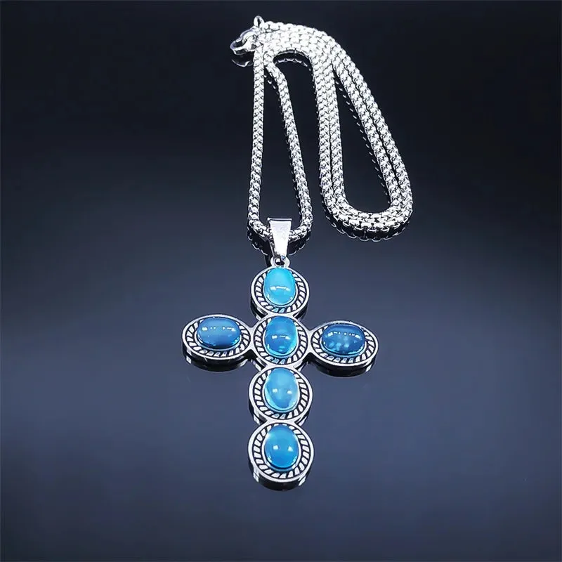 Bohemian Cross Pendant Necklace Stainless Steel Natural Stone Simple Chain Necklaces