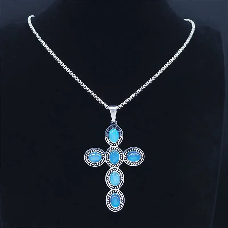 Bohemian Cross Pendant Necklace Stainless Steel Natural Stone Simple Chain Necklaces