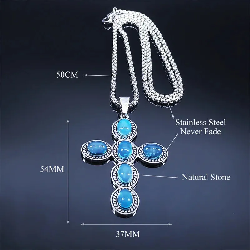 Bohemian Cross Pendant Necklace Stainless Steel Natural Stone Simple Chain Necklaces