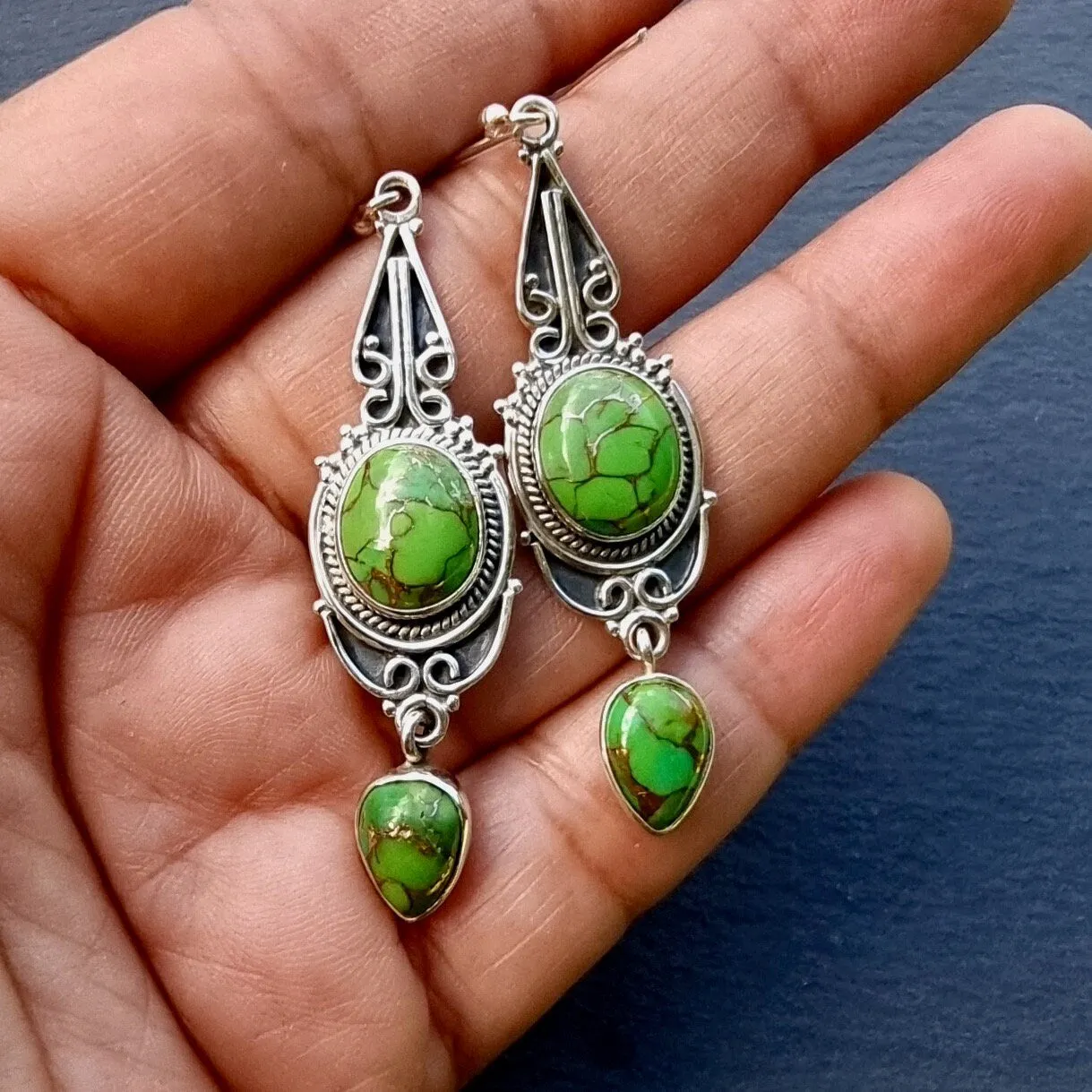 Boho Long Green Copper Turquoise Earrings,  E38GCT