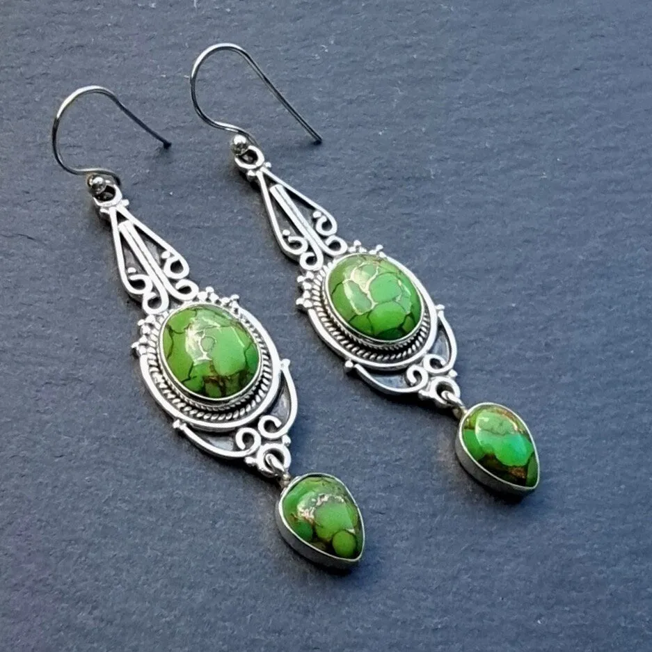 Boho Long Green Copper Turquoise Earrings,  E38GCT