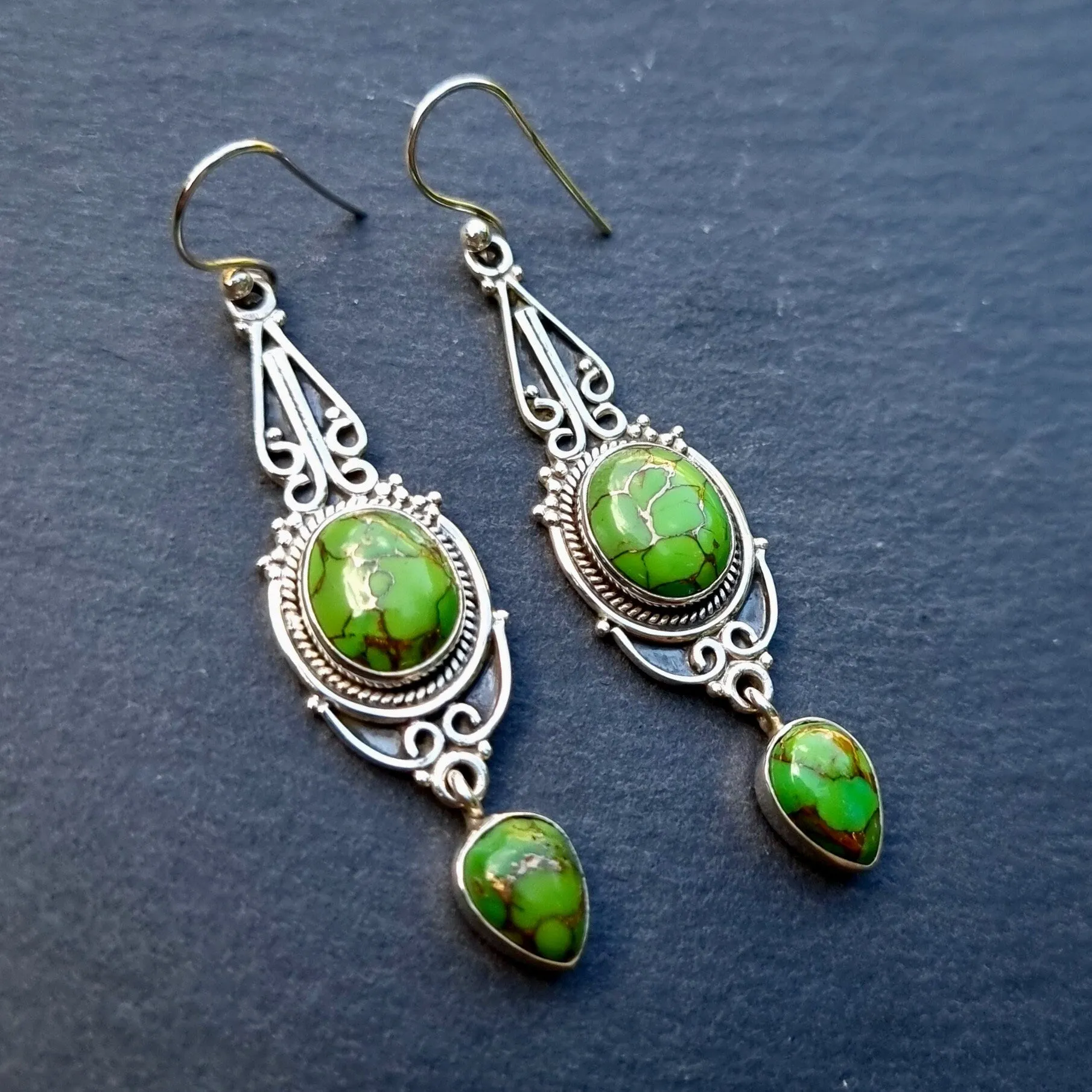 Boho Long Green Copper Turquoise Earrings,  E38GCT
