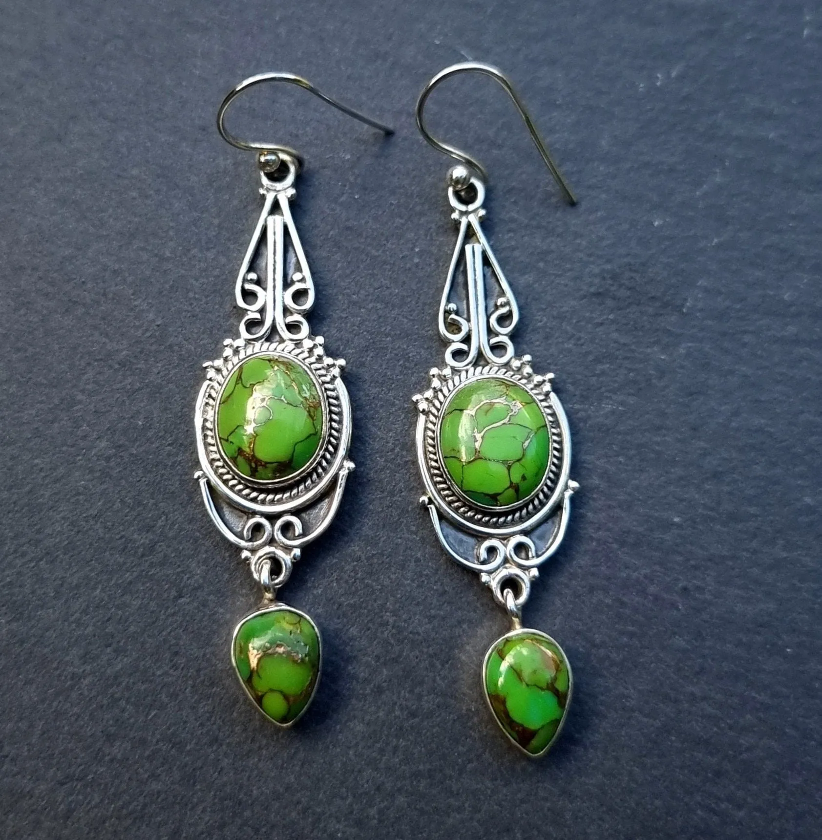 Boho Long Green Copper Turquoise Earrings,  E38GCT