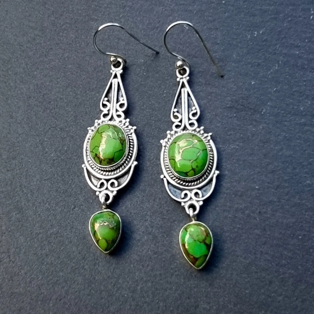 Boho Long Green Copper Turquoise Earrings,  E38GCT