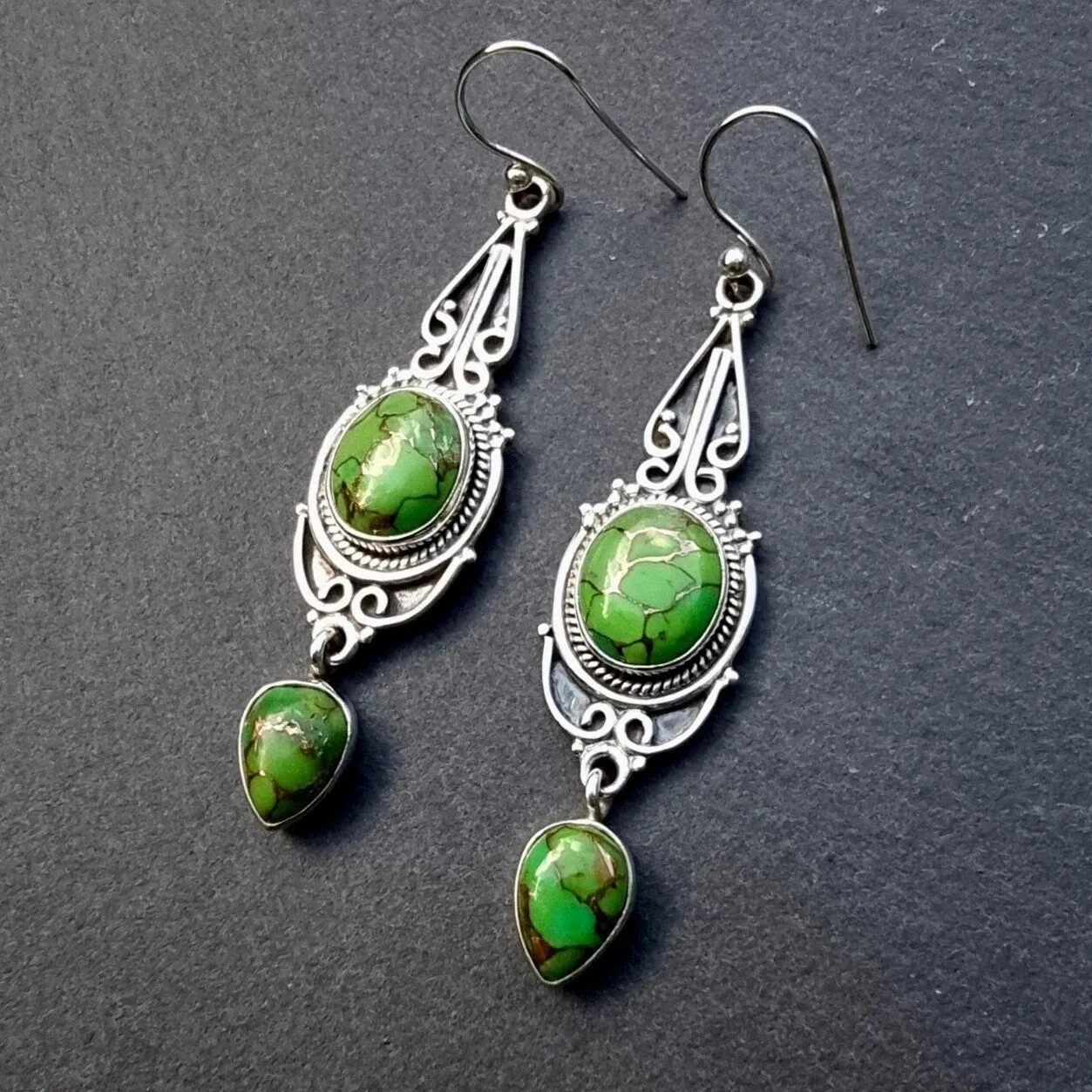 Boho Long Green Copper Turquoise Earrings,  E38GCT