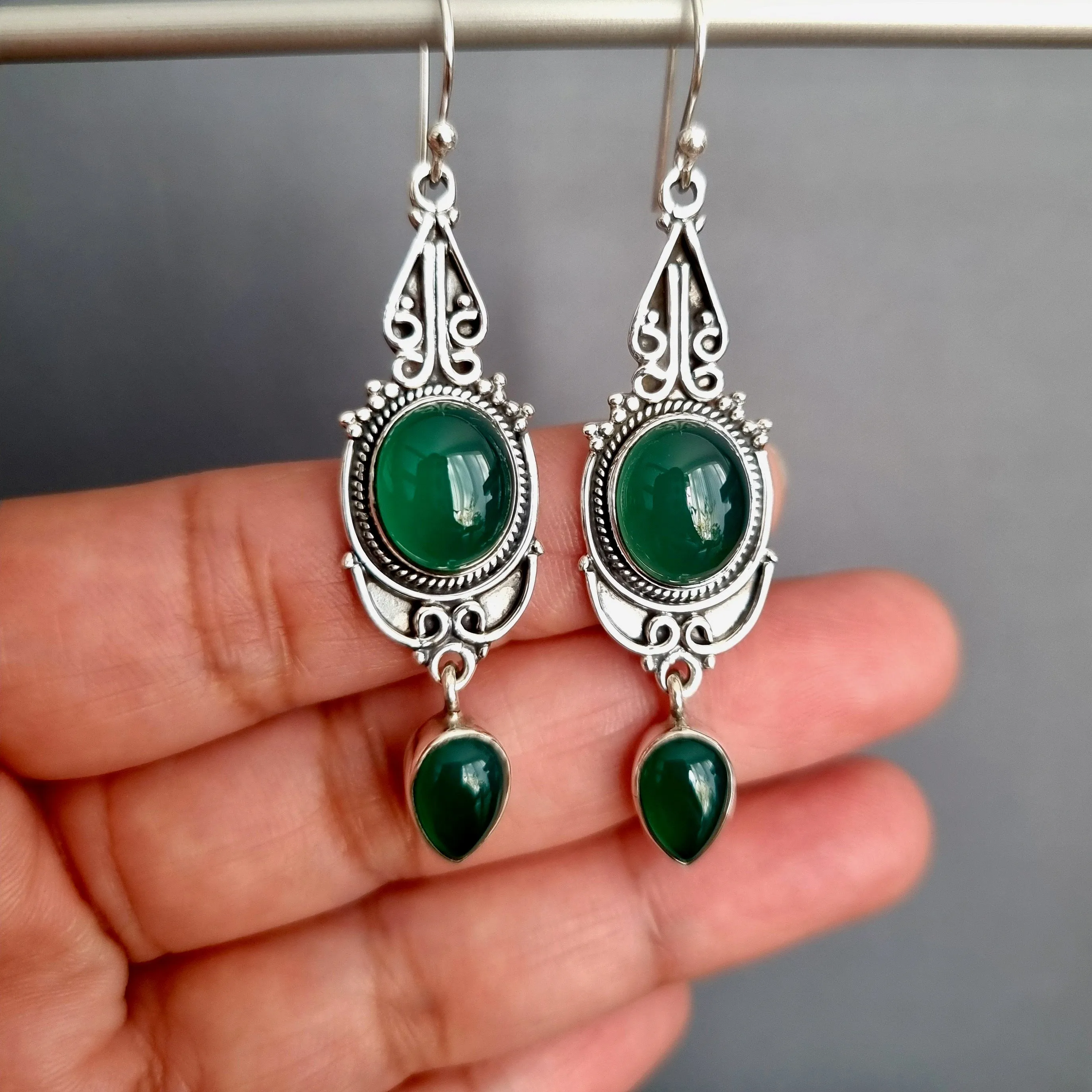 Boho Long Green Onyx Oxidised Sterling Silver Earrings, E38GO