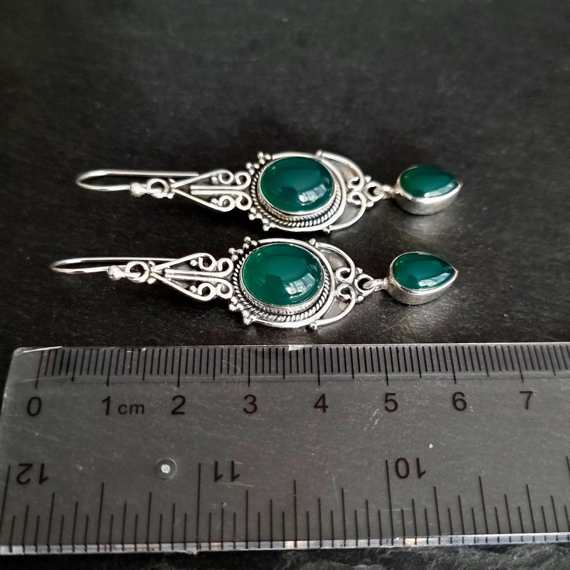 Boho Long Green Onyx Oxidised Sterling Silver Earrings, E38GO