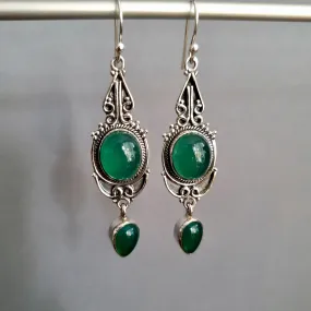 Boho Long Green Onyx Oxidised Sterling Silver Earrings, E38GO