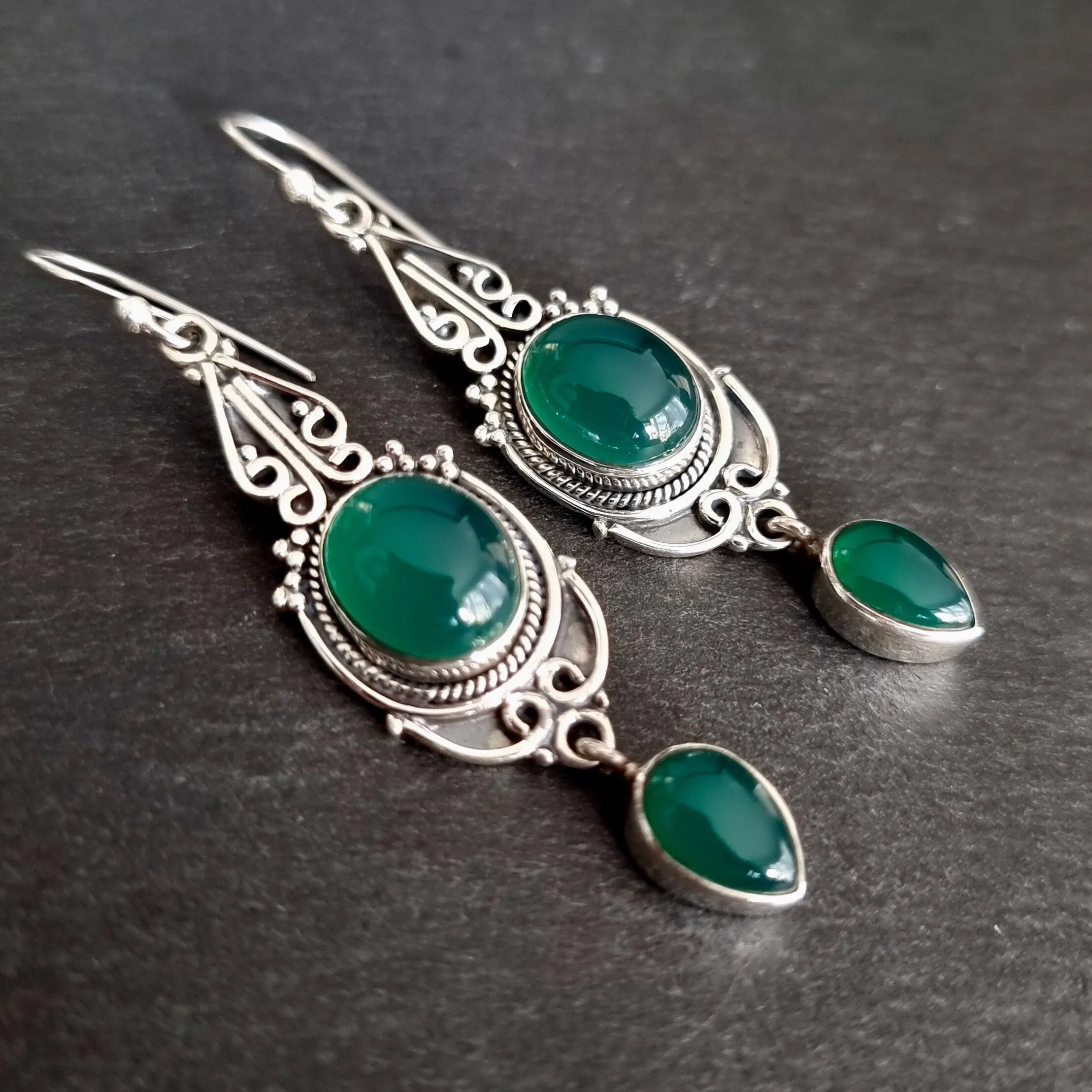 Boho Long Green Onyx Oxidised Sterling Silver Earrings, E38GO