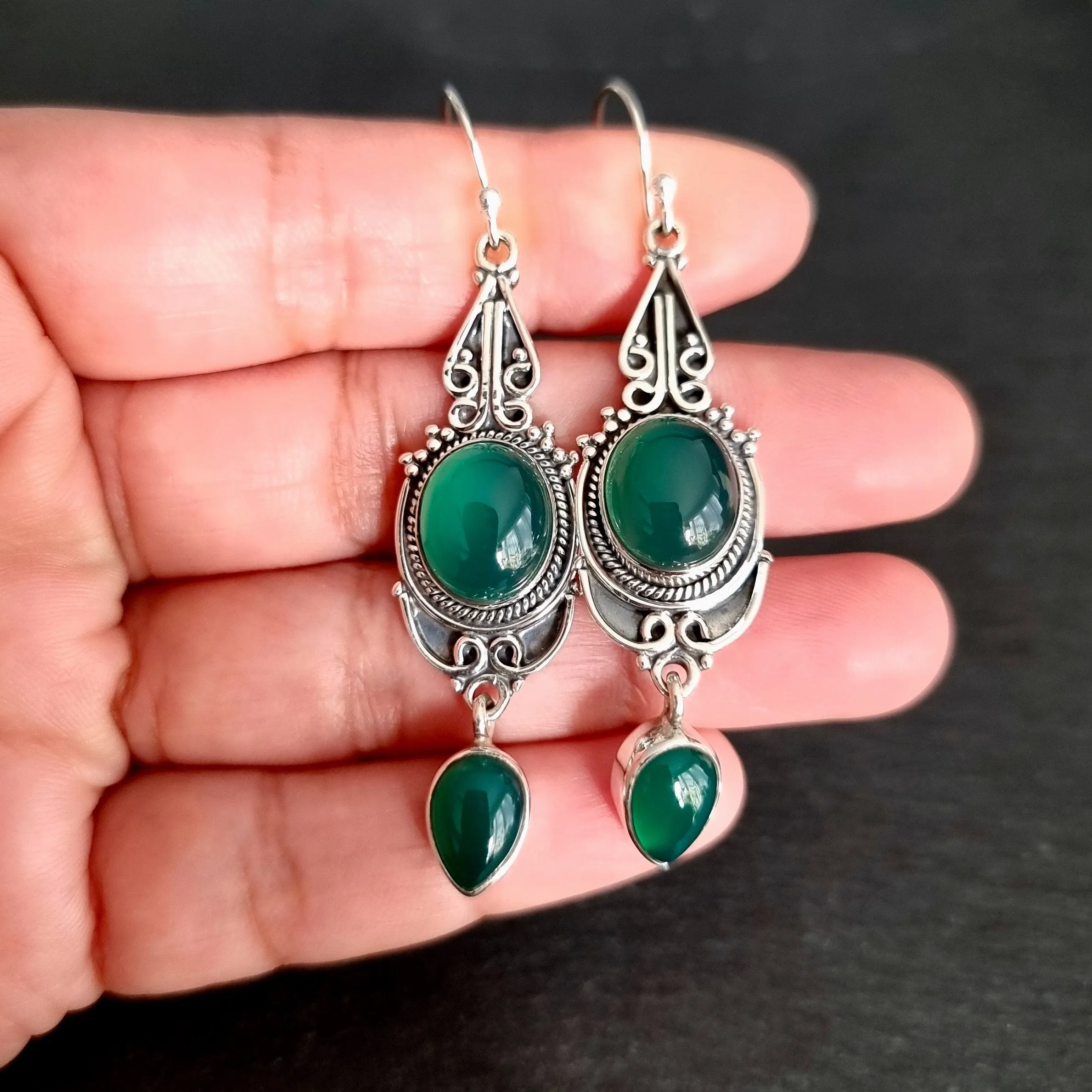 Boho Long Green Onyx Oxidised Sterling Silver Earrings, E38GO