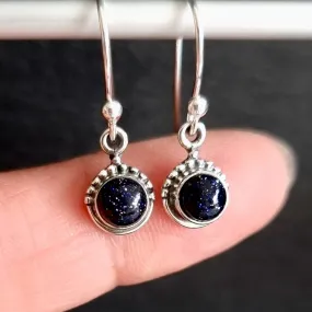 Boho Round 5mm/6mm Blue Goldstone 925 Silver Earrings, E91BS