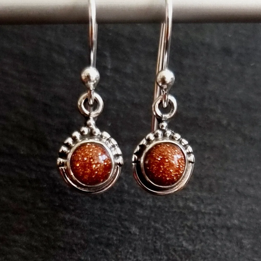 Boho Round 5mm/6mm Goldstone 925 Silver Earrings, E91GS