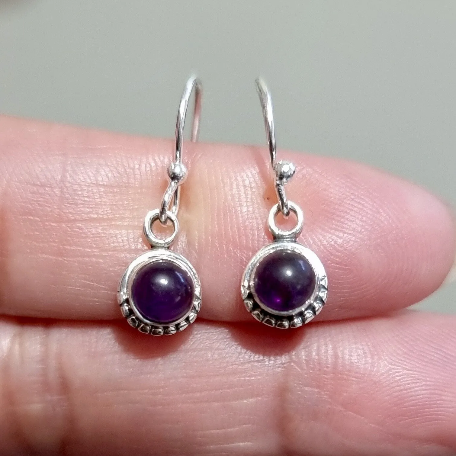 Boho Round 6mm Amethyst 925 Sterling Silver Earrings, E86A