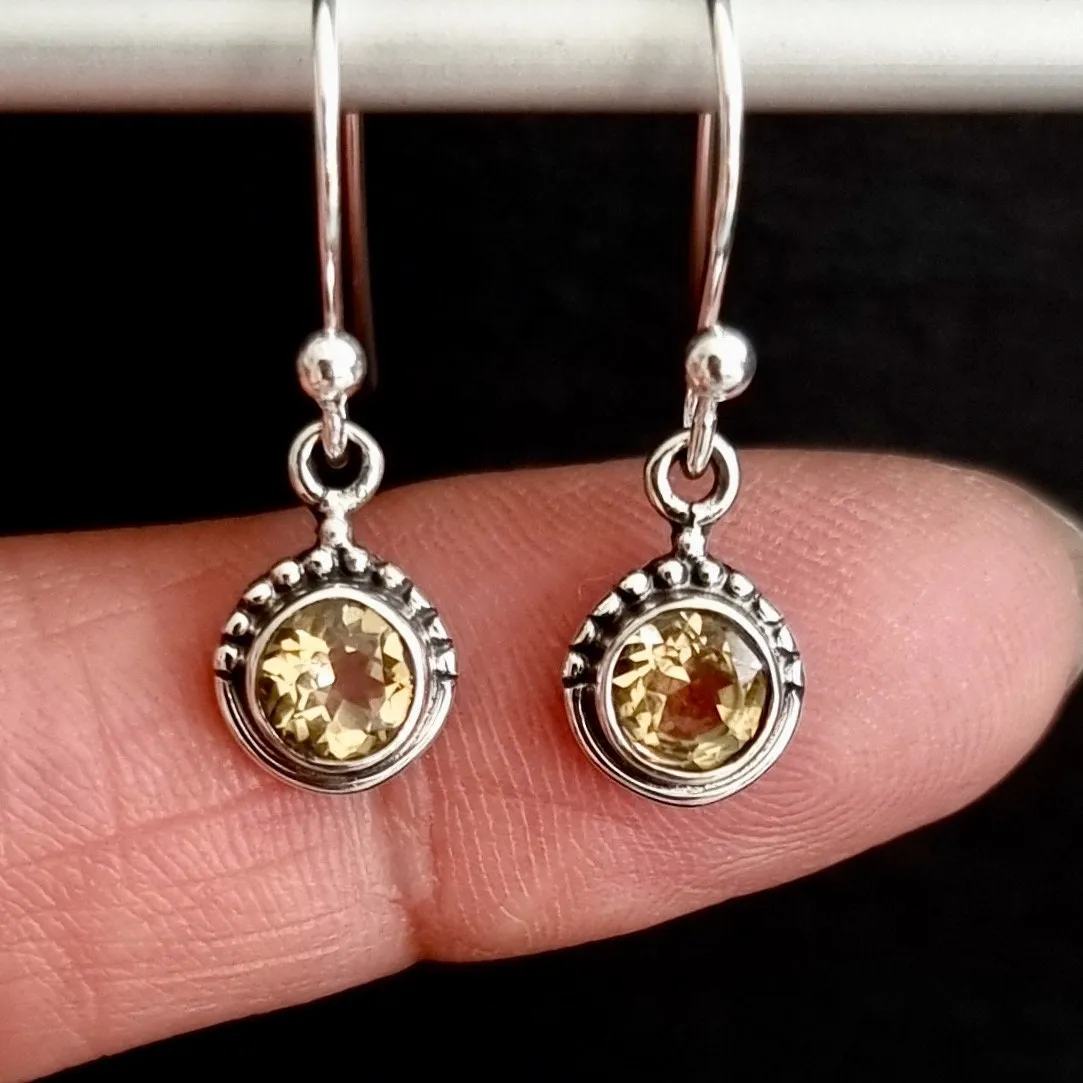 Boho Round 6mm Citrine 925 Silver Earrings, E91CIT