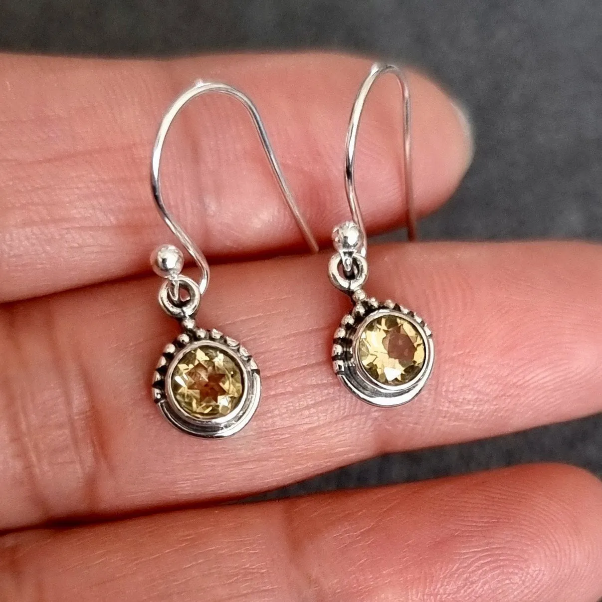 Boho Round 6mm Citrine 925 Silver Earrings, E91CIT