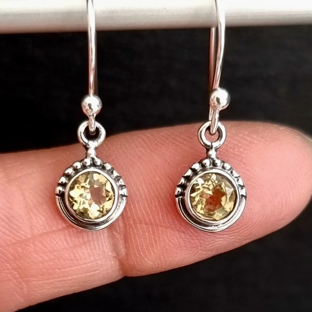 Boho Round 6mm Citrine 925 Silver Earrings, E91CIT