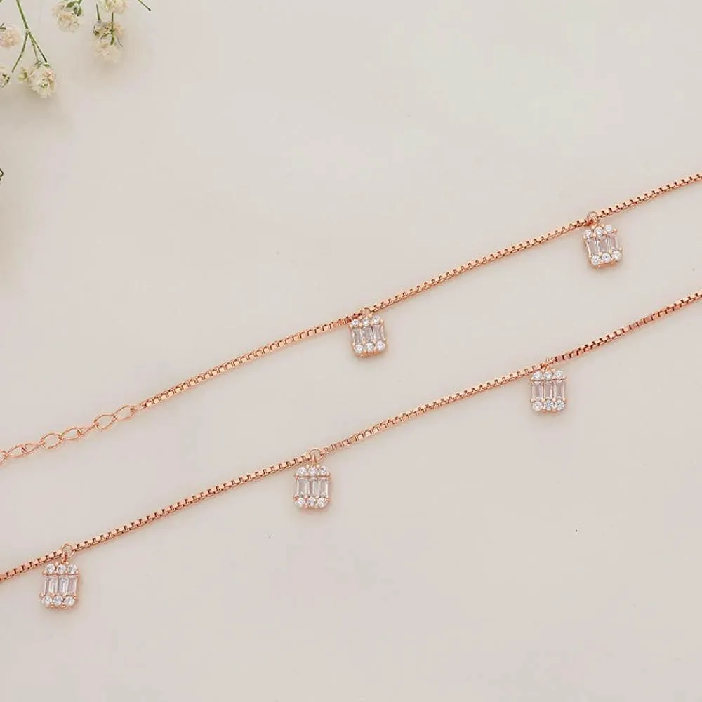 Box Charm Rose Gold Polish Stoned Silver Anklet For Adult