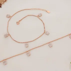 Box Charm Rose Gold Polish Stoned Silver Anklet For Adult