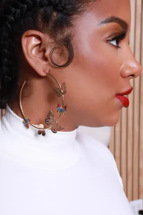 Butterfly Kiss Embellished Hoop Earrings - Gold