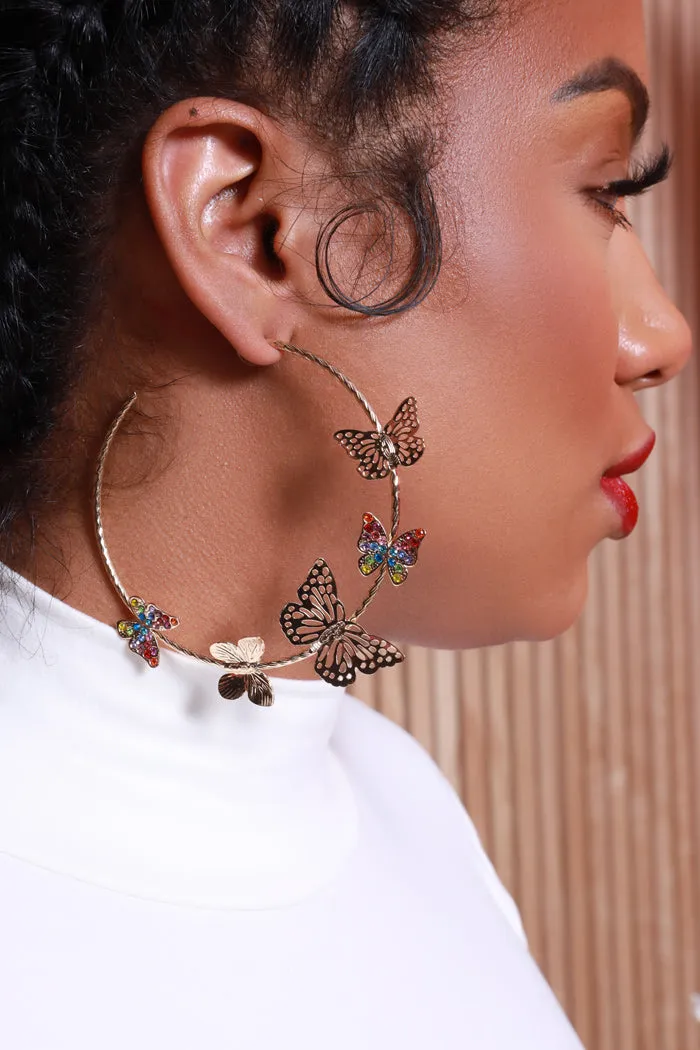 Butterfly Kiss Embellished Hoop Earrings - Gold