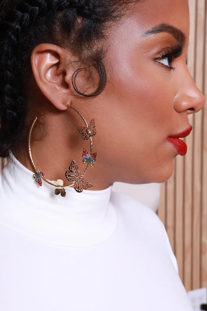 Butterfly Kiss Embellished Hoop Earrings - Gold