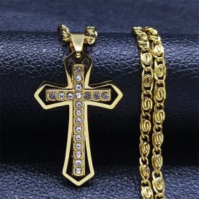 Catholic Cross Men Pendant Necklace Stainless Steel Gold Color Religious Jesus Classic Chain Necklaces